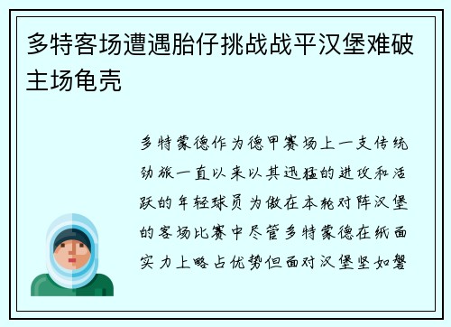 多特客场遭遇胎仔挑战战平汉堡难破主场龟壳